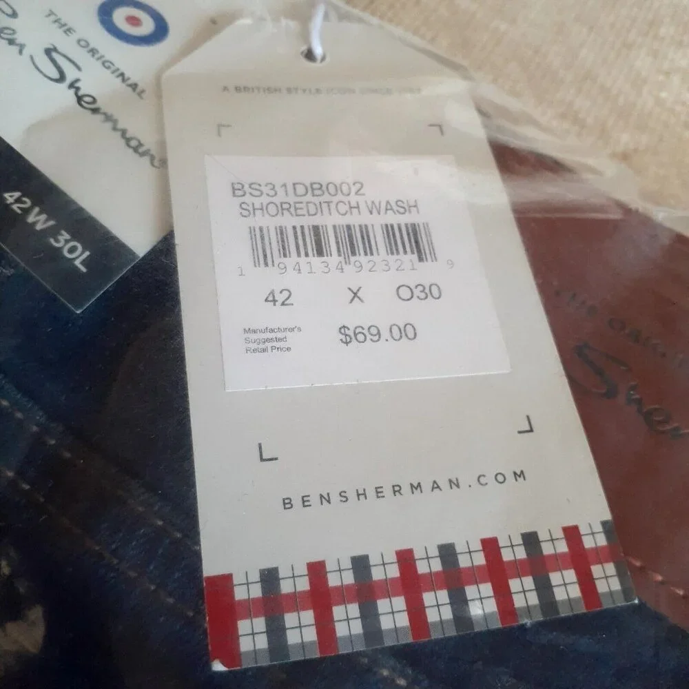 Ben Sherman Skinny Fit 42W 30L Shoreditch Wash Jeans Contrast Gold Gift New - Picture 5 of 7